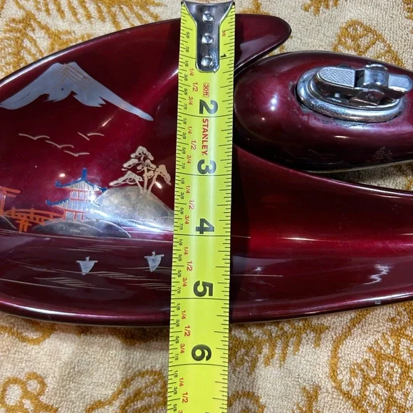 50’s CERAMIC ASHTRAY & LIGHTER Set oxblood MOP inlaid boomerang Japan